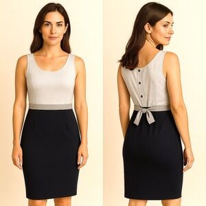 Hache Sz 10 Midi Dress Sleeveless White Black Sz 46 / XL Pockets Bow Button EUC